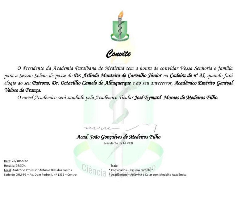 Convite Academia Paraibana de Medicina - Prof Arlindo