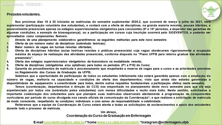 MATRÍCULAS SEMESTRE SUPLEMENTAR 2020.2