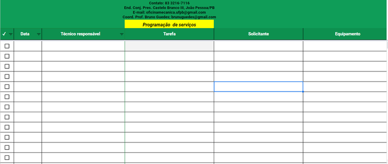 Planilha de programação de serviços