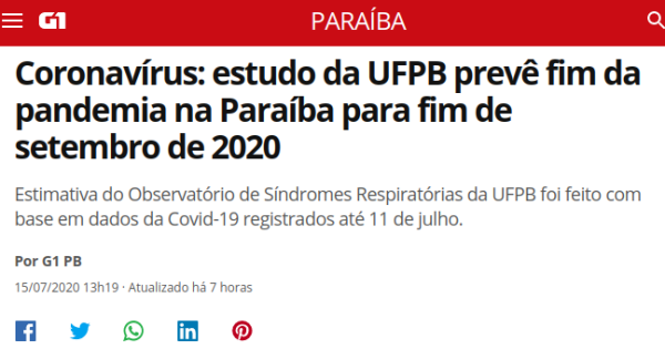 Coronavírus: estudo da UFPB prevê fim da pandemia na Paraíba para fim de setembro de 2020