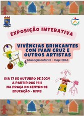 No dia 17 de outubro a Educação Infantil do Colégio de Aplicação estará realizando na Praça do Centro de Educação uma Exposição Interativa do Projeto de Extensão: Vivências Brincantes com Ivan Cruz e outros artistas. O projeto integra estudantes dos cursos de graduação em Pedagogia, Pedagogia do Campo e Psicopedagogia, além das crianças do Colégio de Aplicação em vivências com a arte, as brincadeiras populares e o letramento na Educação Infantil e tem sido espaço de significativas experimentações nesse campo educativo.

Sintam-se convidados a ver, viver e apreciar as obras feitas pelas e com as nossas crianças. Elas são as maiores protagonistas desse projeto.