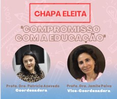 Imagem com fundo em tons de rosa e azul claro, com texto em cor marrom, destacando os nomes das professoras: Patrícia Azevedo e Jamile Paiva.